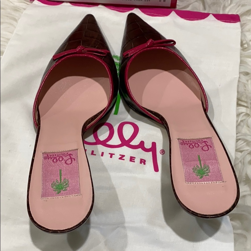 Lilly Pulitzer Louise Brown Croc Kitten Heel Mules - Picture 10 of 11